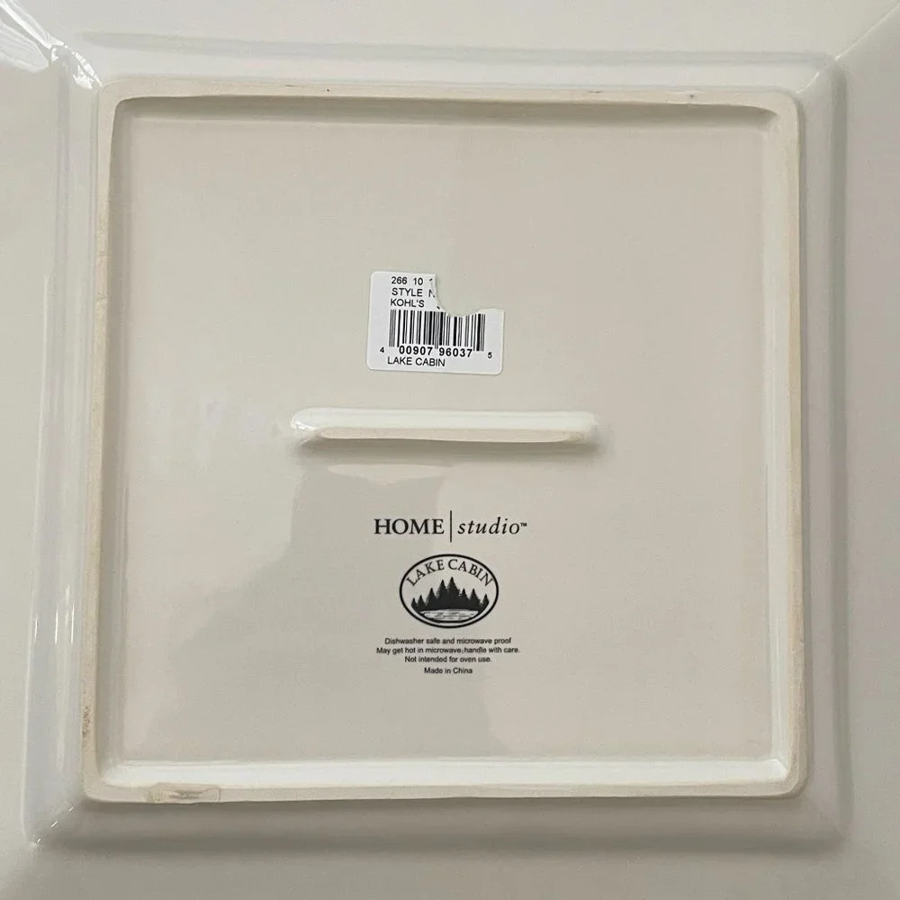 Homestudio Lake Cabin Dinner Plate Square Plaid Rustic‎ Embossed Stoneware 11